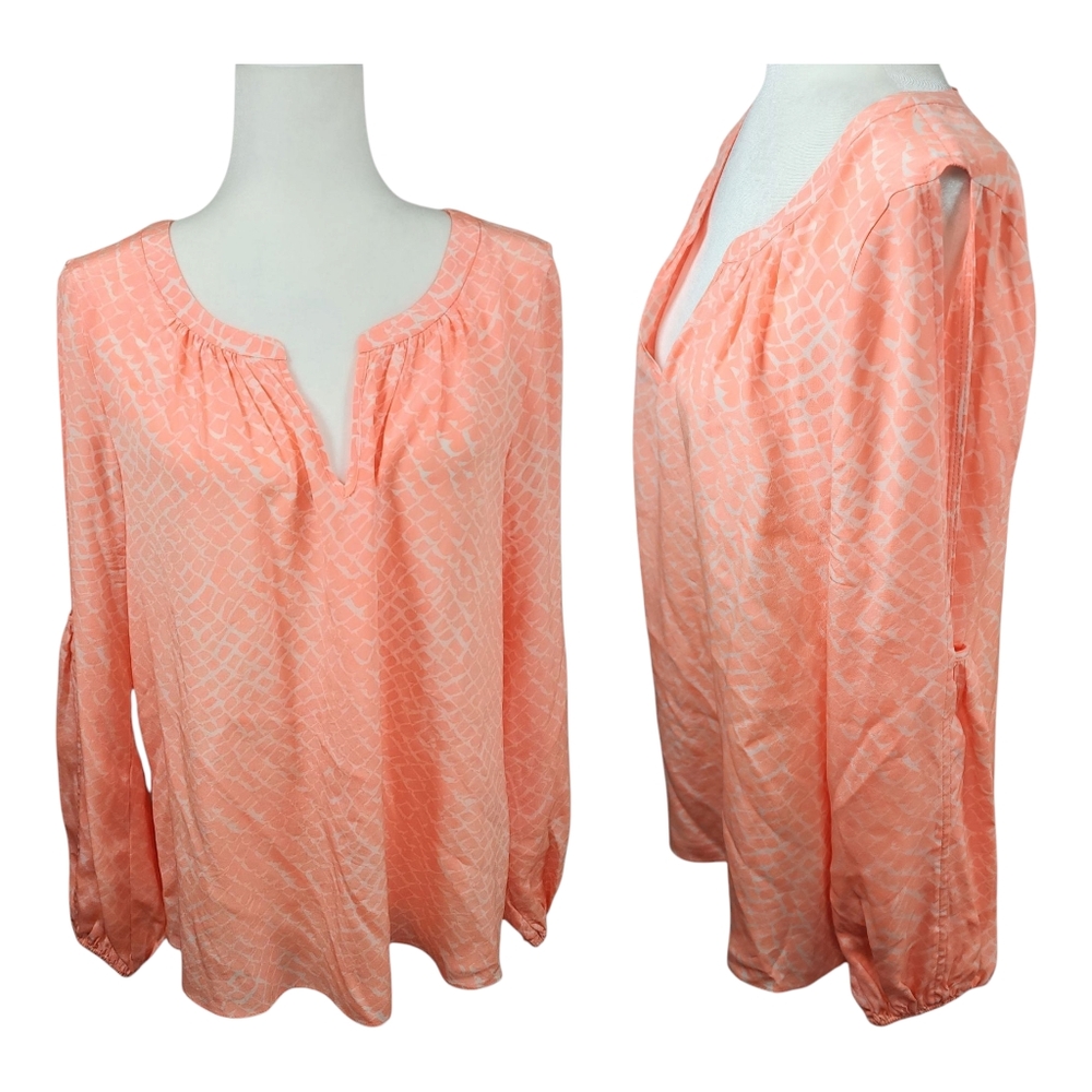 Alice + Trixie Silk Split Sleeve Peasant Blouse Coral Print Size Large - Picture 5 of 15